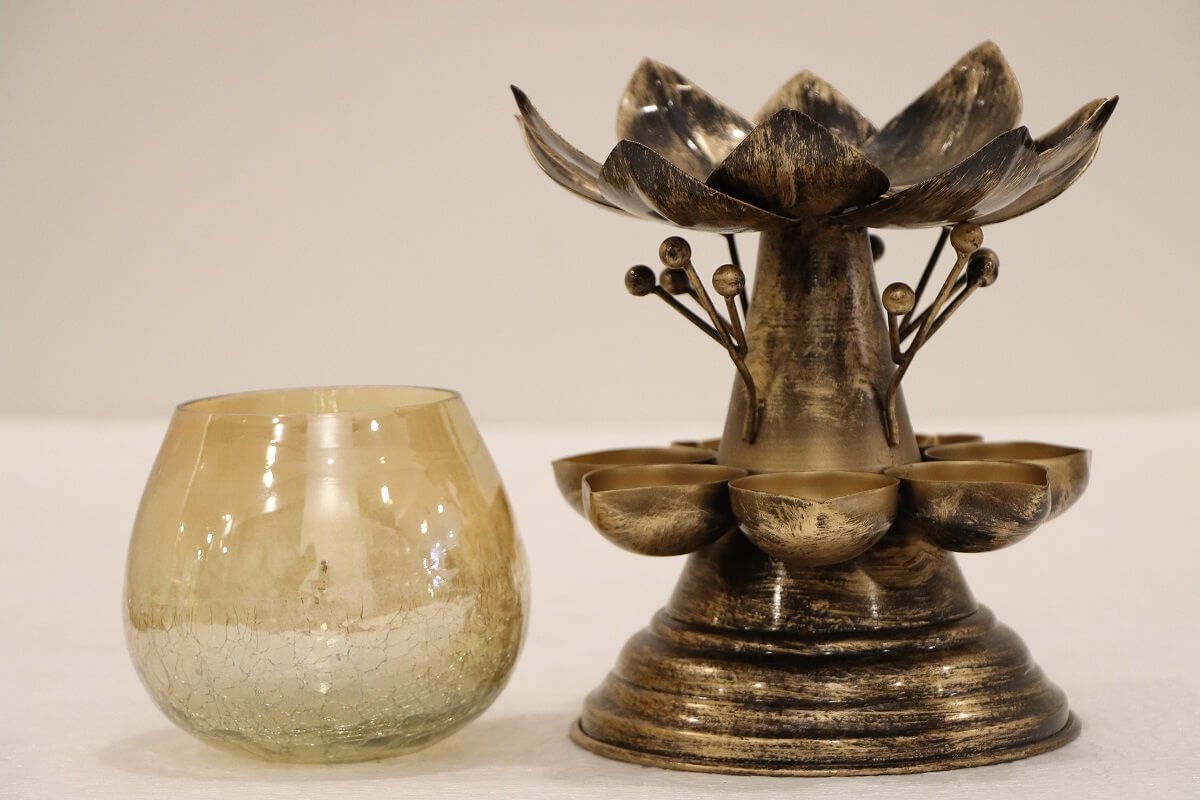 Antique Lotus Tealight Holder with Glass Candle Jar - Image 3